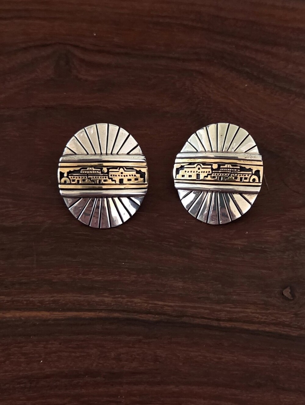 14K Solid Gold And Sterling Silver M.M. Rogers HMY Navajo Pueblo Earrings